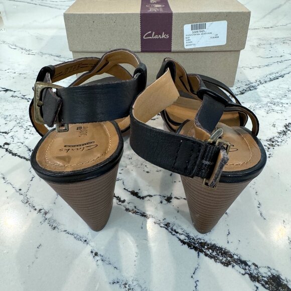 Clarks Jaelyn Fog Platform Sandal Black Leather Size 11 Heel Height 3.25" - Picture 3 of 5
